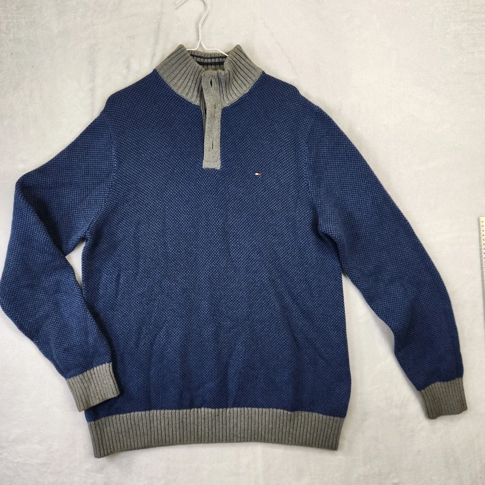 Tommy Hilfiger Men XL Blue Textured Knit Quarter Zip Mock Neck Sweater Grey Trim